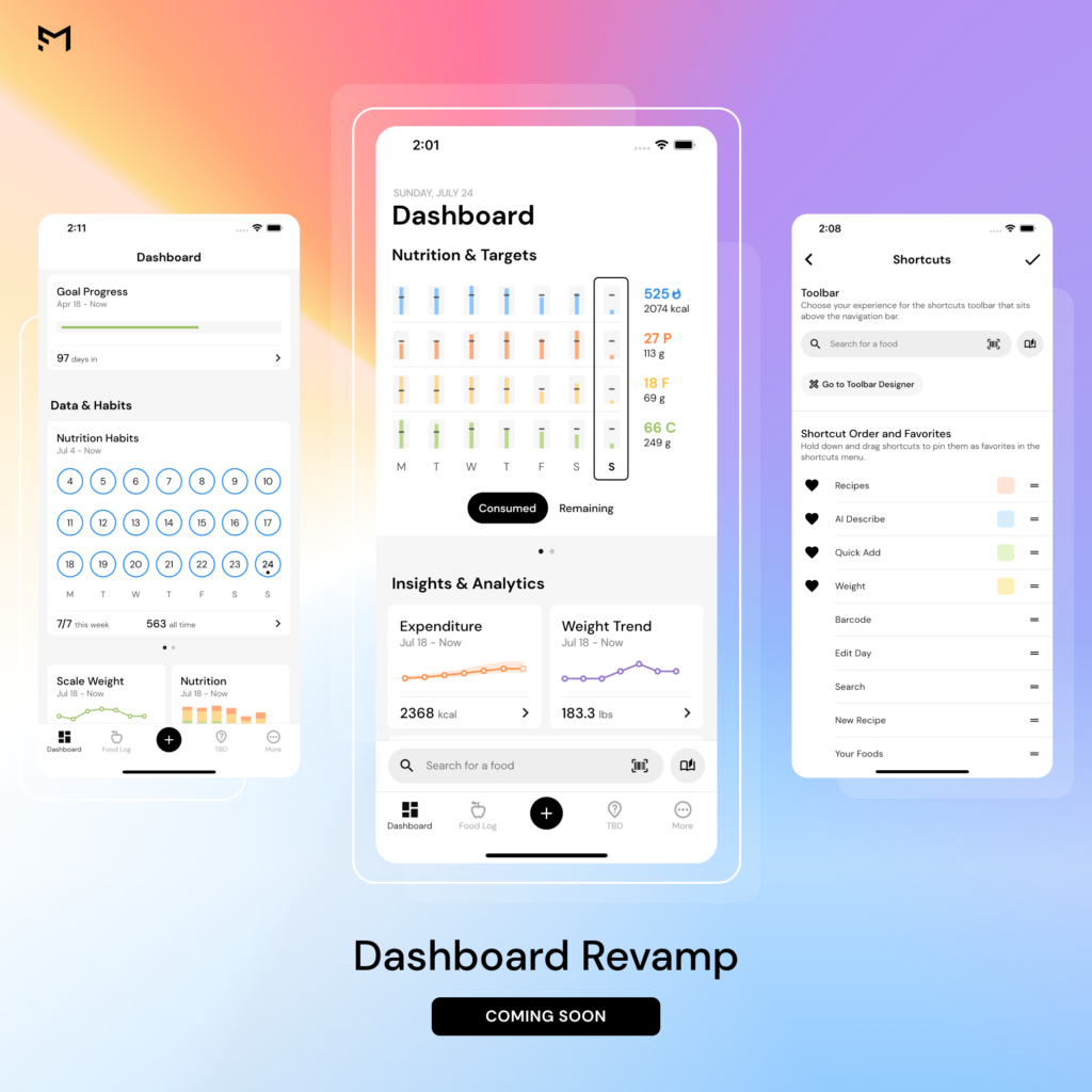 Sneak peek of new Dashboard widgets and shortcuts in MacroFactor's Dashboard revamp