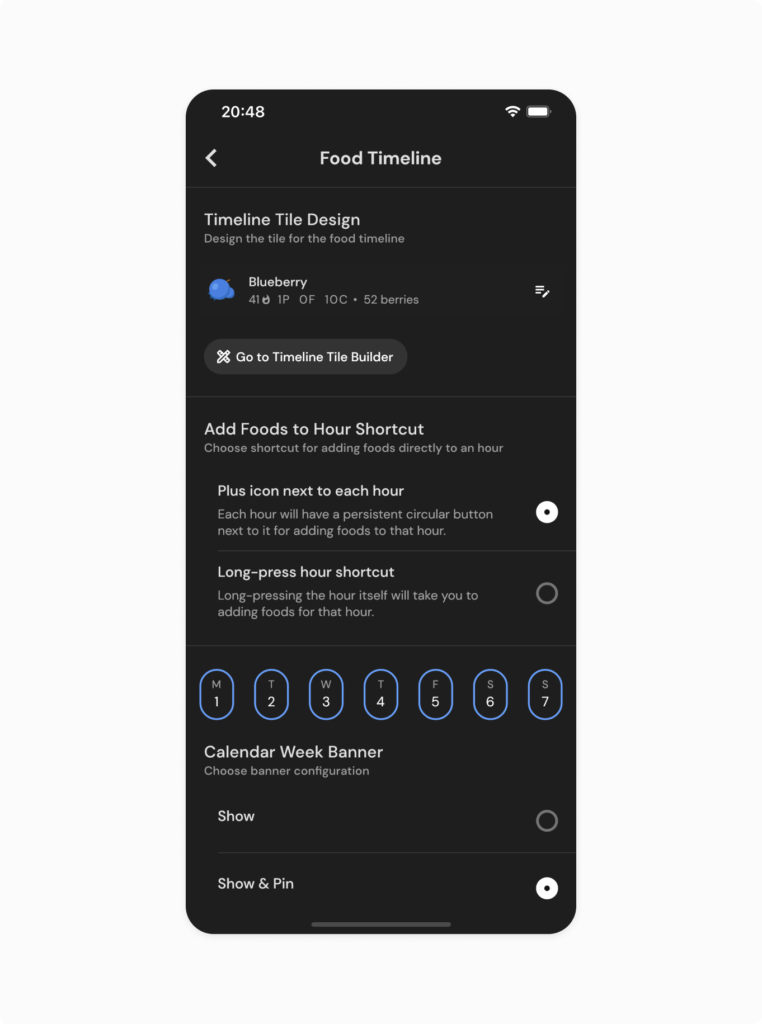Available food timeline customizations. you can choose between left and right timeline alignment, configure your food tiles to display the information you care about, make some workflows even faster with optional shortcuts, and modify the appearance of the timeline interface.