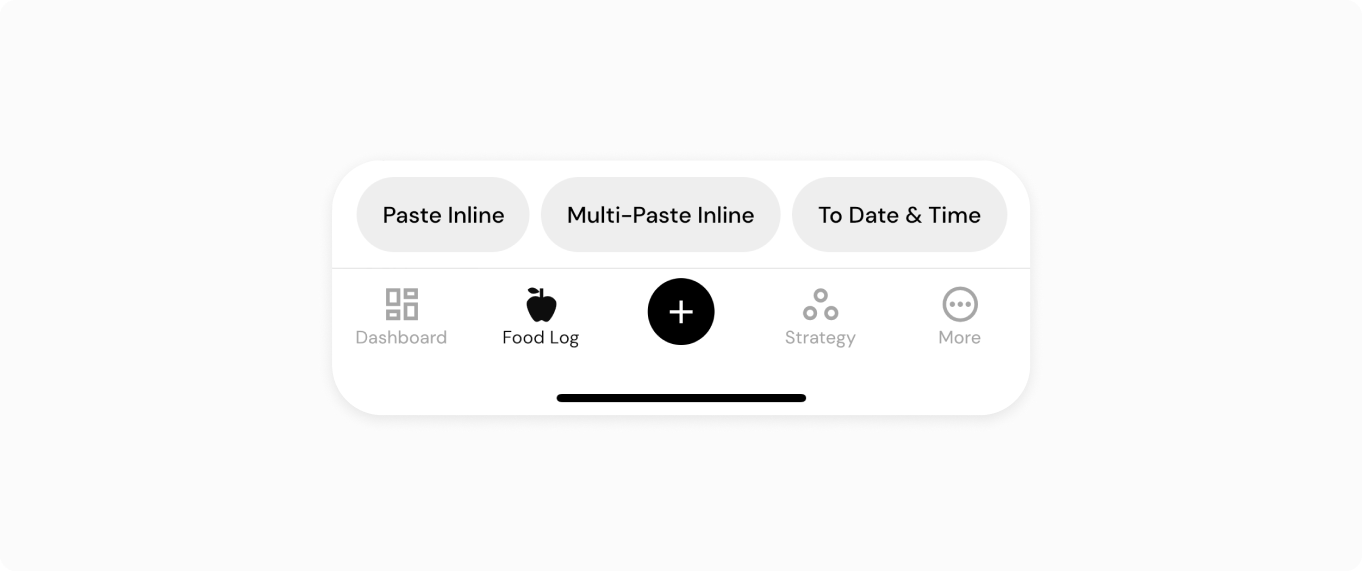 Food timeline Move Toolbar with options to paste foods inline, multi-paste, or paste foods to a specific date and time