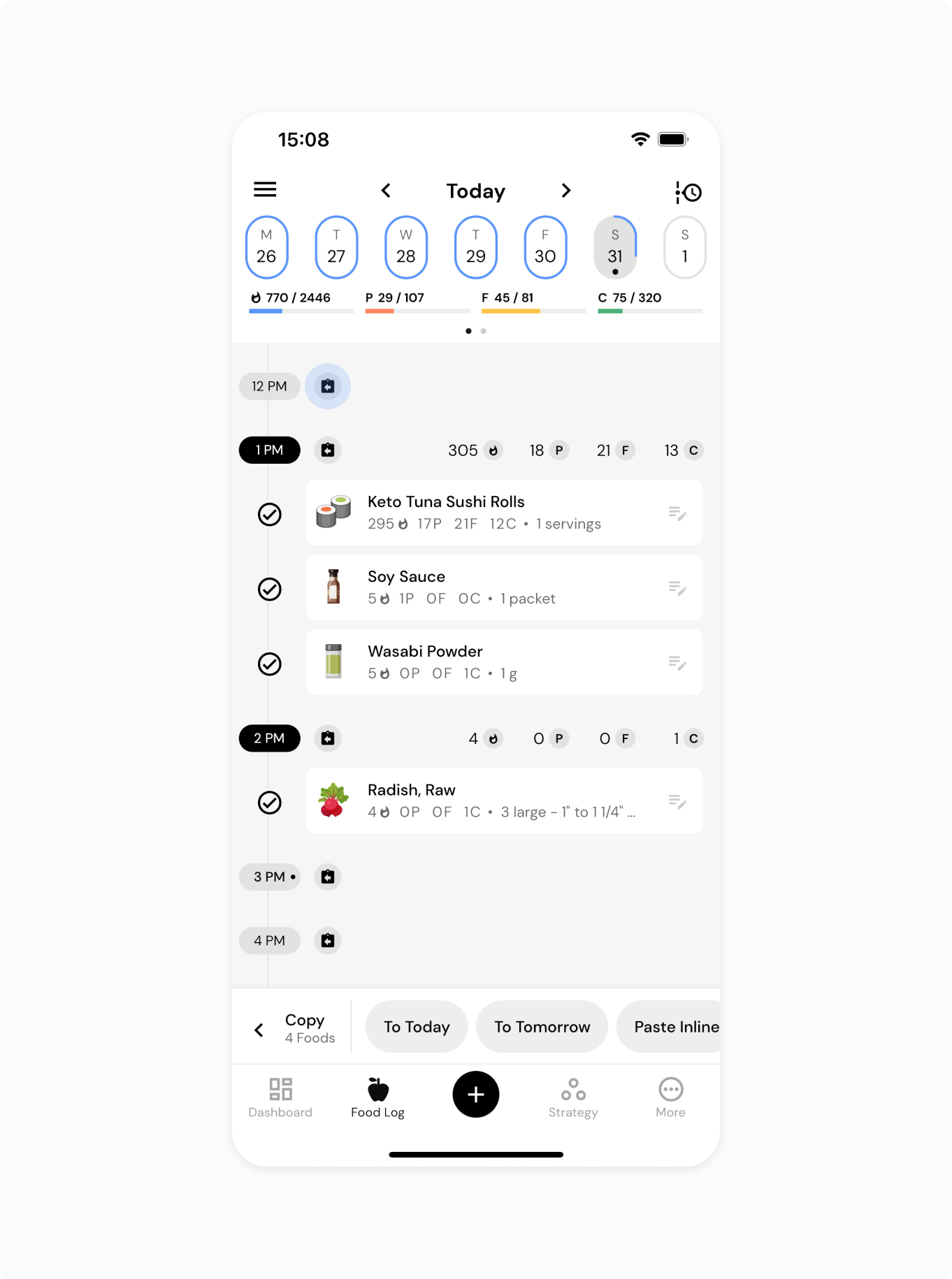 Once foods are selected, a user can choose to move foods to a particular hour or paste them to a different time slot, interacting directly with those hours within the timeline
