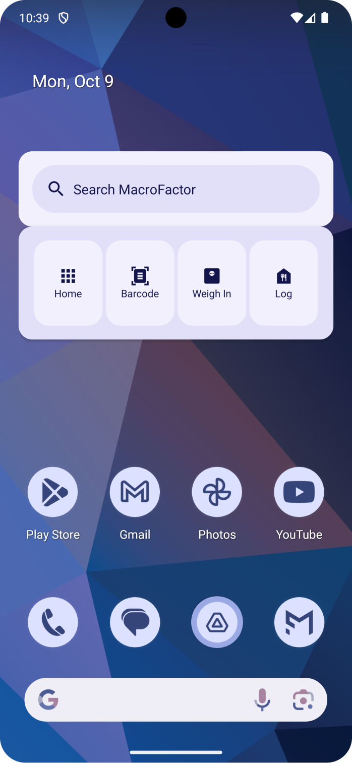 Android quick actions in MacroFactor's Android widget