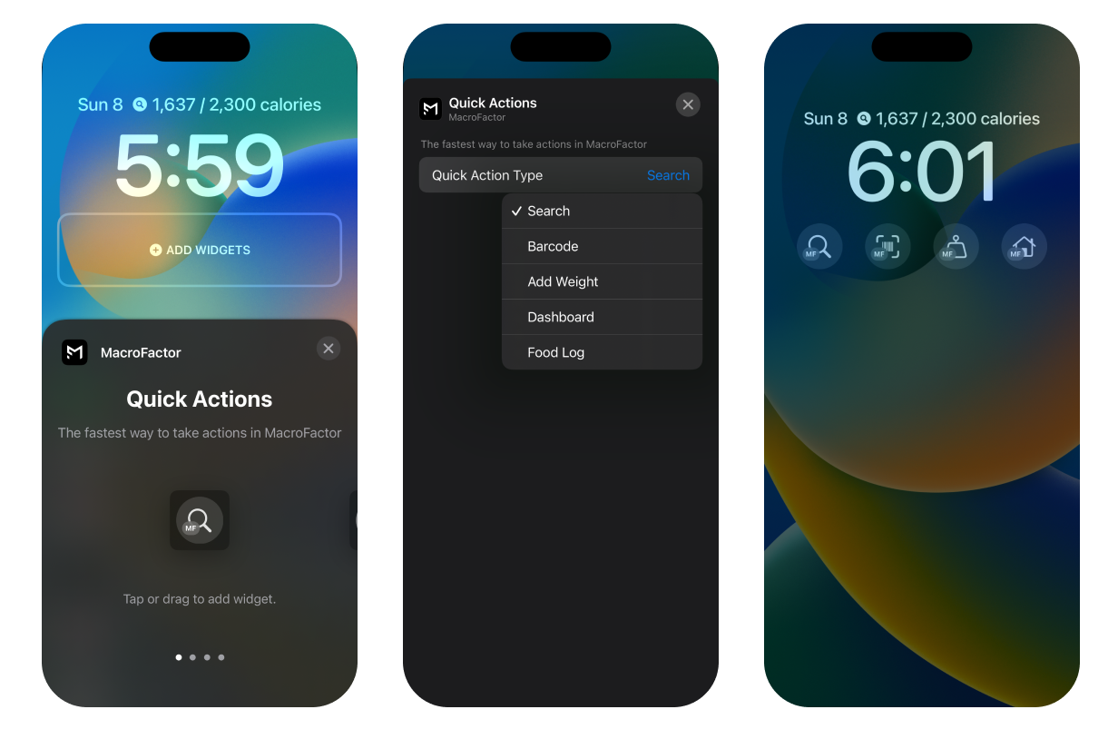 Take powerful actions with one tap on MacroFactor's widgets
