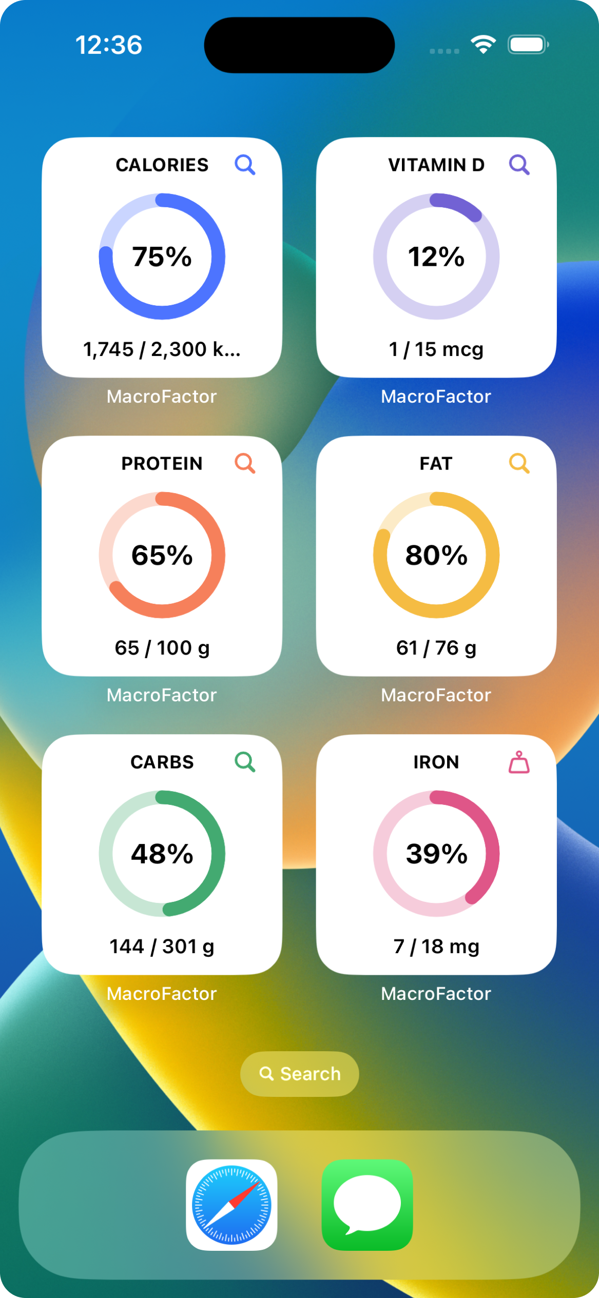 Phone shows some of the various MacroFactor nutrient focus widgets users can add to their phone home screens.