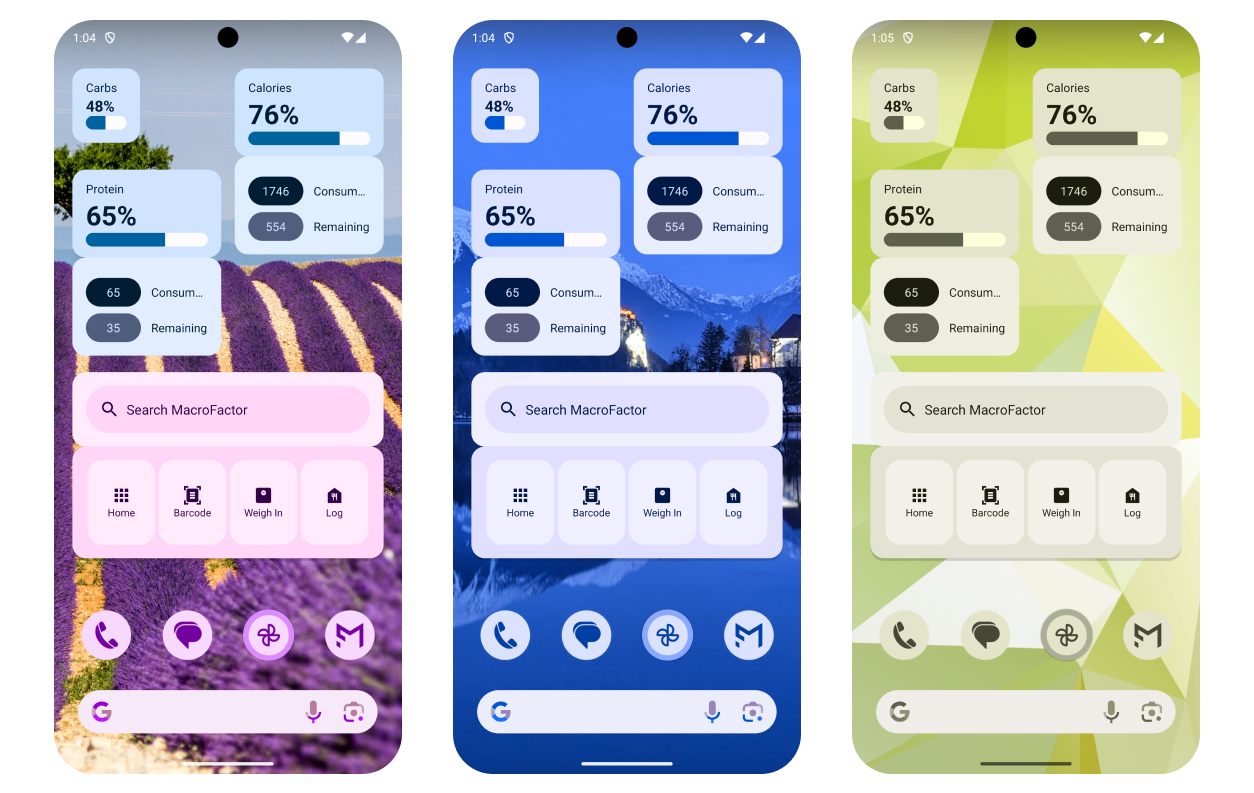 On Android, MacroFactor respects the Material You design. Your widgets will flexibly adapt to your style by changing their colors to match your wallpaper, style selections, and your device’s light or dark theme.