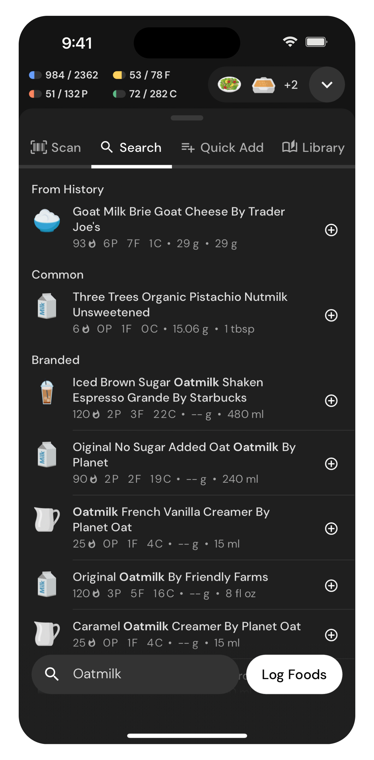 Food Logger Food Search Dark